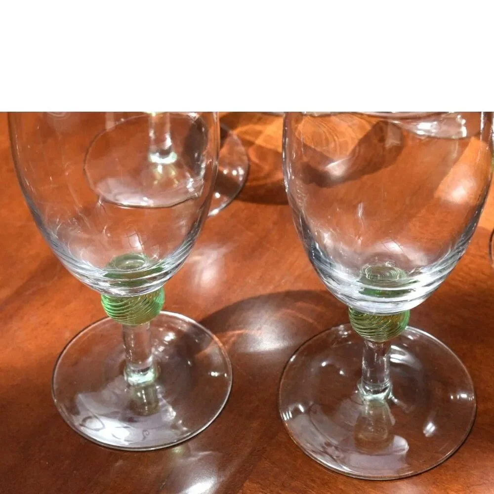 Set of 6 Vintage Green Spiral Ball Stem Wine Goblets Hand Blown Clear Bowl 7.5in